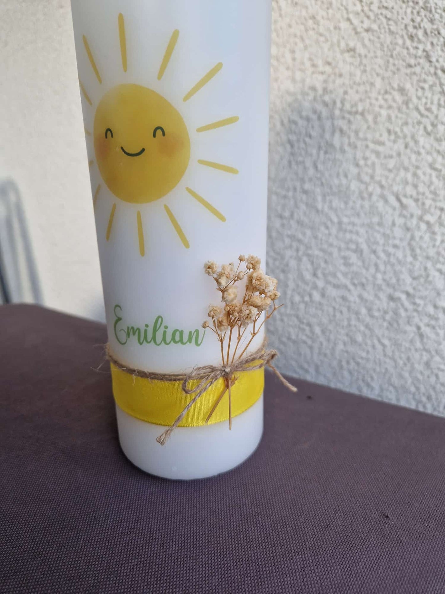 Taufkerze Sonne mit Trockenblumen