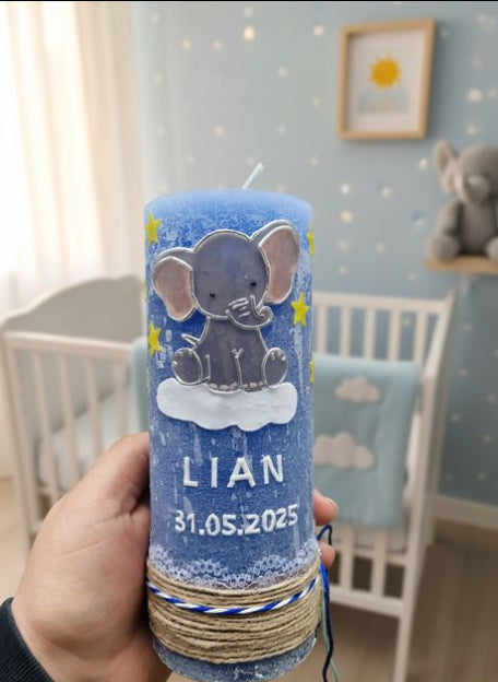 Rustikkerze zur Geburt oder Taufe mit Elefant