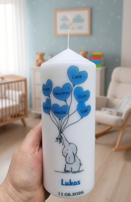 Kerze zur Geburt oder Taufe mit Elefant