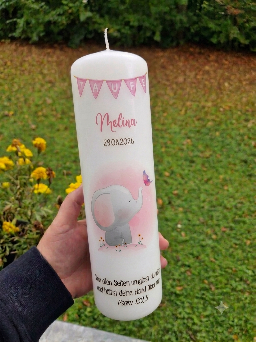 Taufkerze Wimpel und Elefant