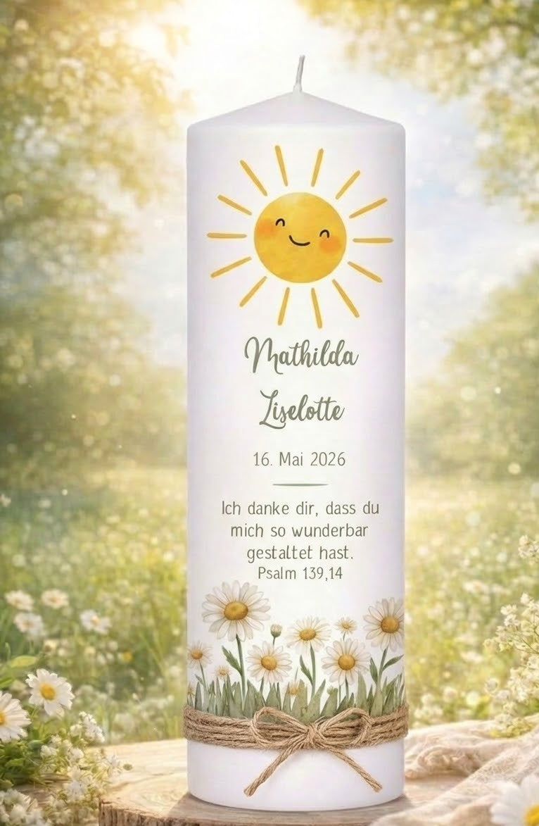 Taufkerze Sonne mit Gänseblümchen