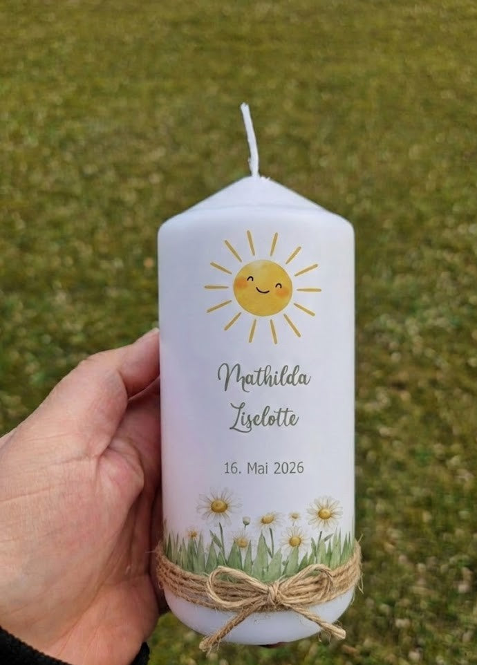 Patenkerze Sonne mit Gänseblümchen