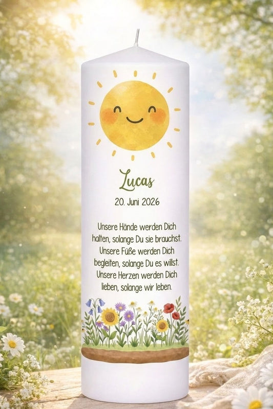 Taufkerze Sonne mit Blumenwiese