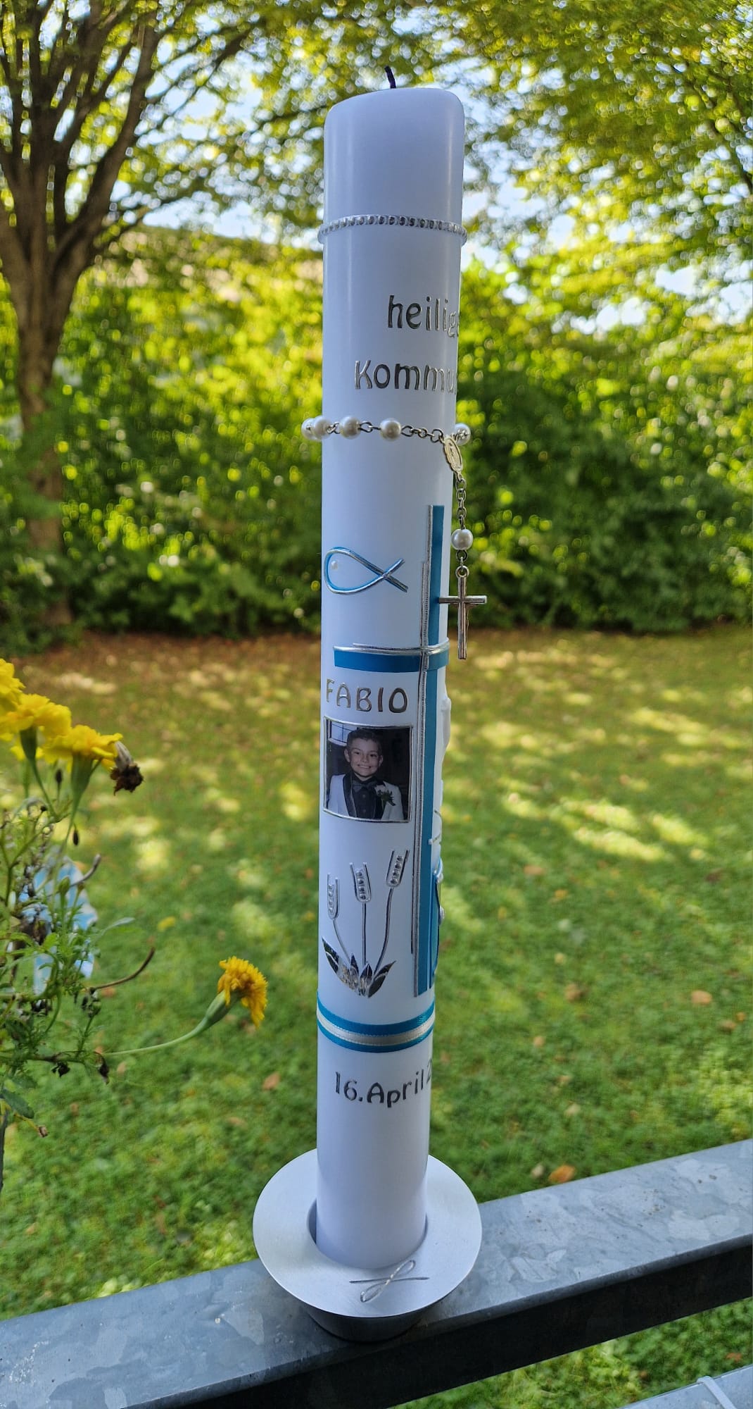 Kommunionkerze mit Foto und Rosenkranz