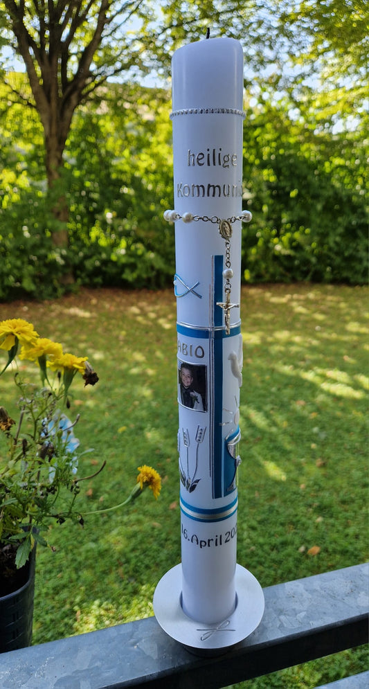 Kommunionkerze mit Foto und Rosenkranz