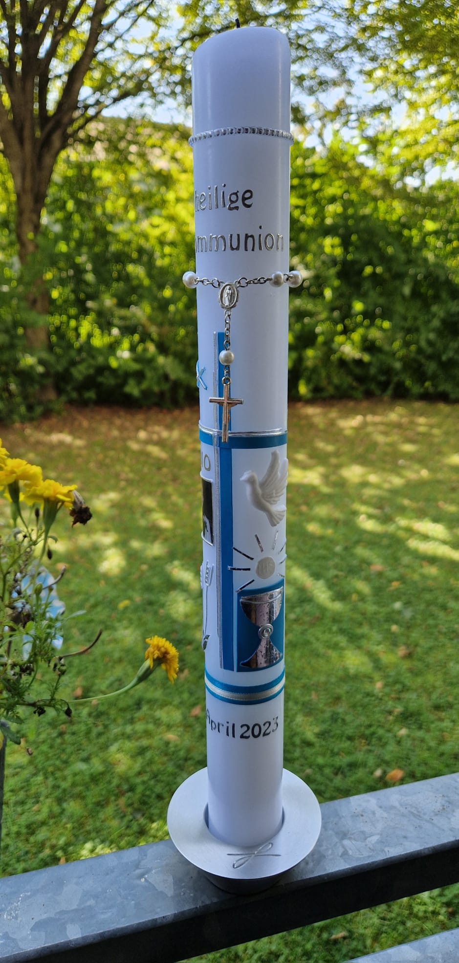 Kommunionkerze mit Foto und Rosenkranz