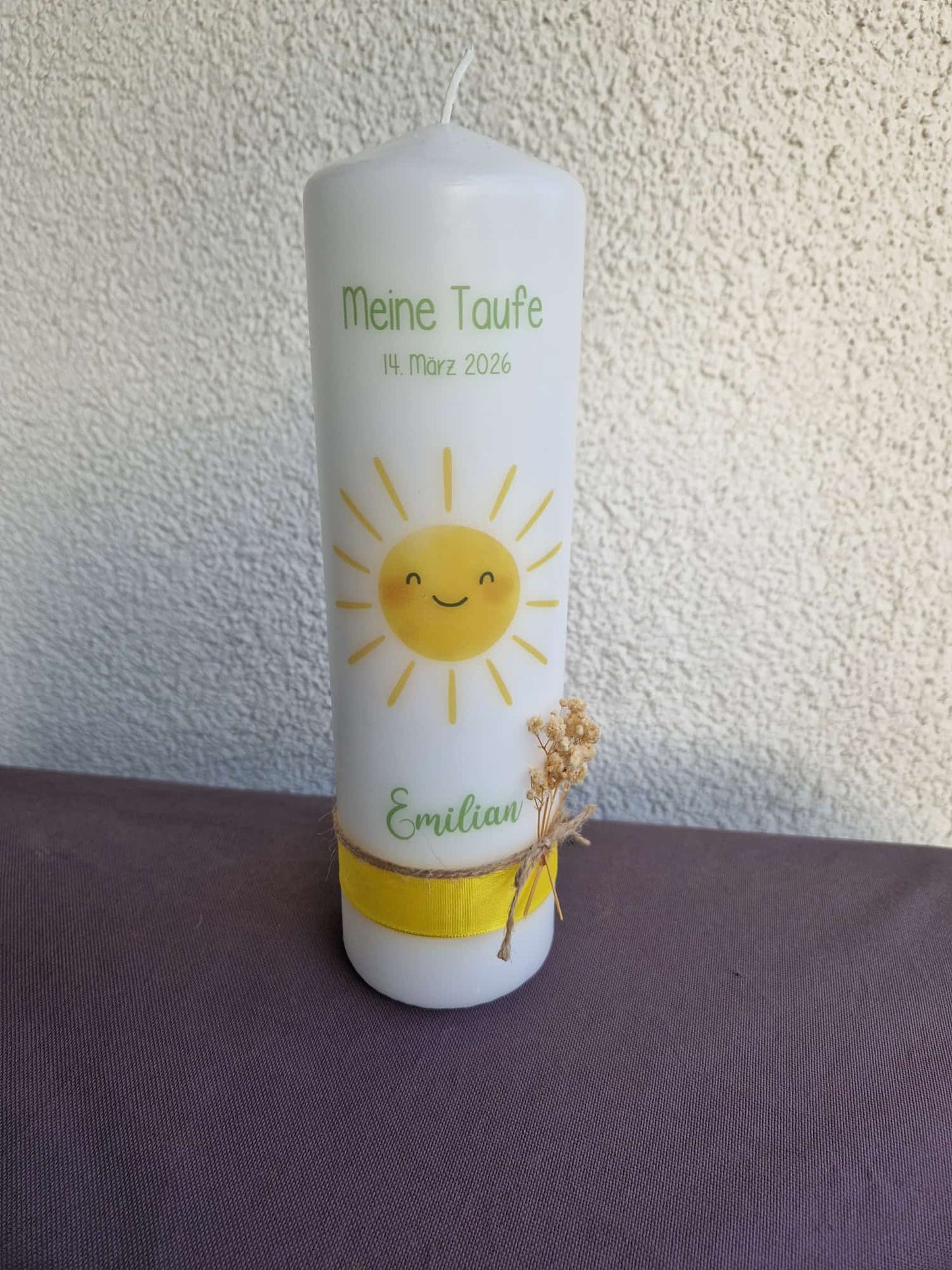 Taufkerze Sonne mit Trockenblumen