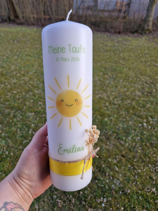 Taufkerze Sonne mit Trockenblumen