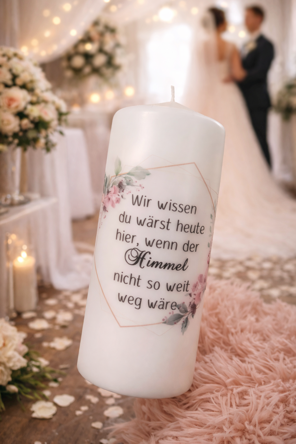 Gedenkkerze zur Hochzeit Rosa Blüten